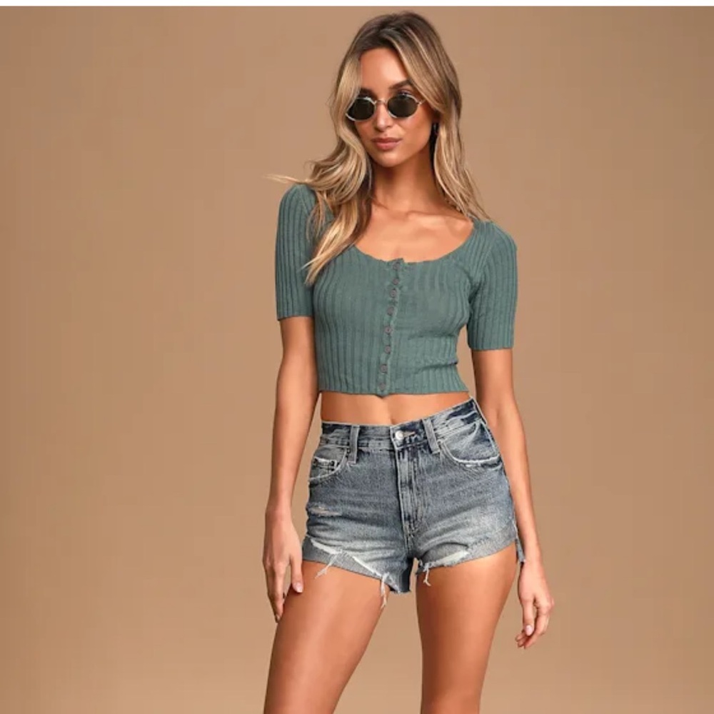 Free People Little Cutie Turquoise Ribbed Knit Crop Top - Size L